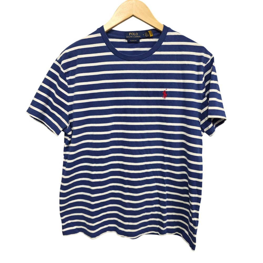Polo Ralph Lauren T-Shirt Women M Blue Striped Short Sleeve Crew Neck Classic